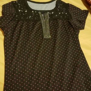 Dress tee with rhinestone black lace pink polkadot